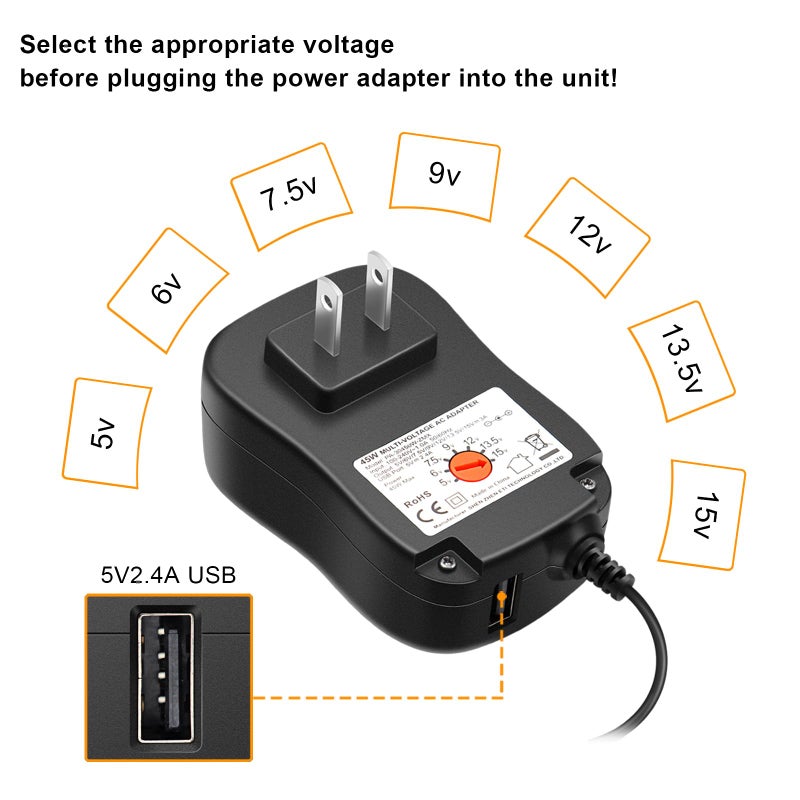 Powseed محول طاقة عالمي Powseed 45W مع منفذ USB 5V 2A 5V 6V 7.5V 9V 12V 13.5V 15V 3A 2A 1A وكابل طاقة DC مع 8 رؤوس Micro USB 5.5x2.1mm 5.5x2.5mm لمكبر الصوت وكاميرا الويب وأضواء شريط LED - Image 3
